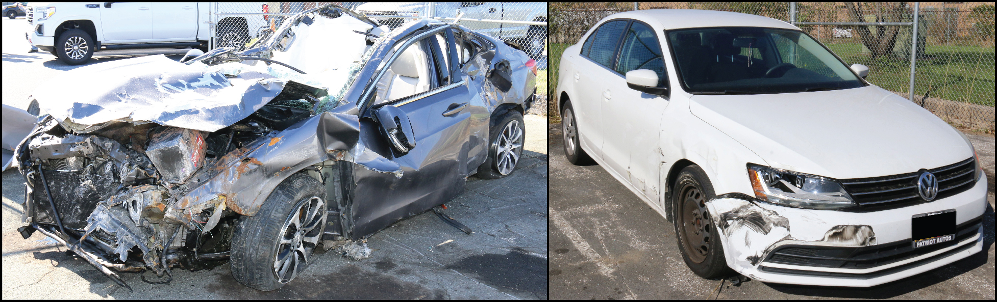 Postcrash photographs of the vehicles involved in the crash. The 2017 Acura TLX is shown on the left and the 2017 Volkswagen Jet