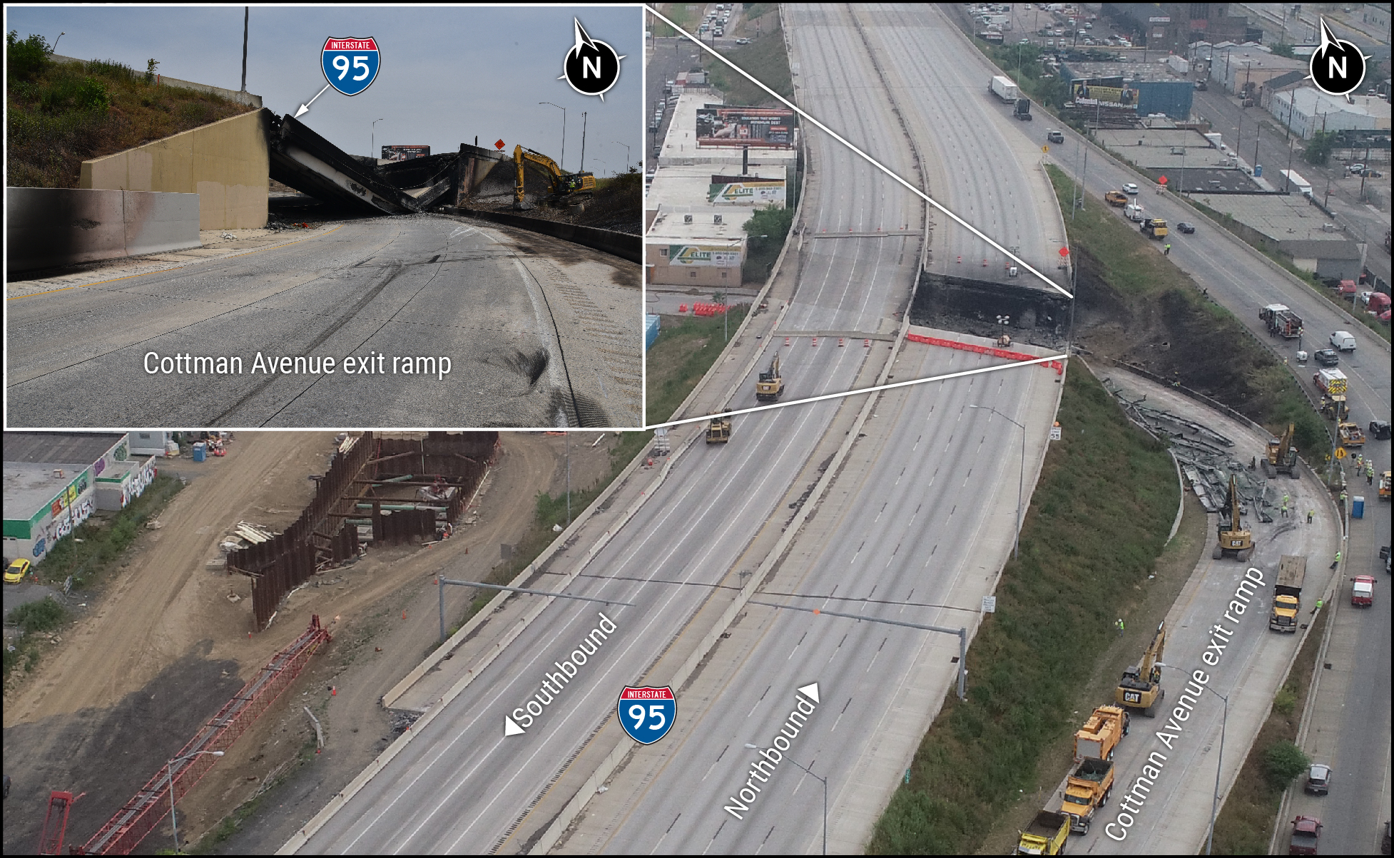 Northbound view of I-95 crash location with collapsed section.