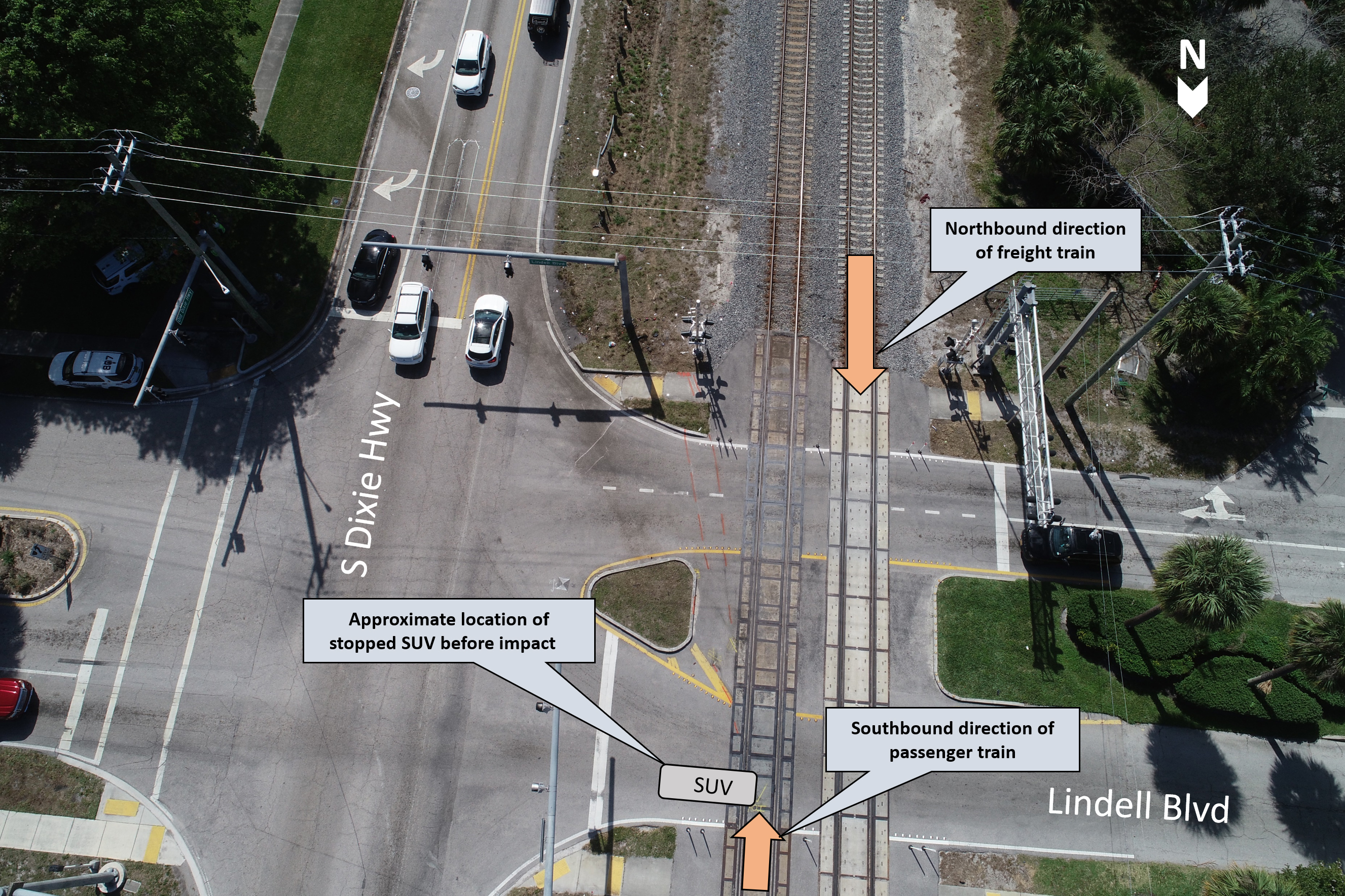 Drone photograph of the Lindell Boulevard grade crossing. 