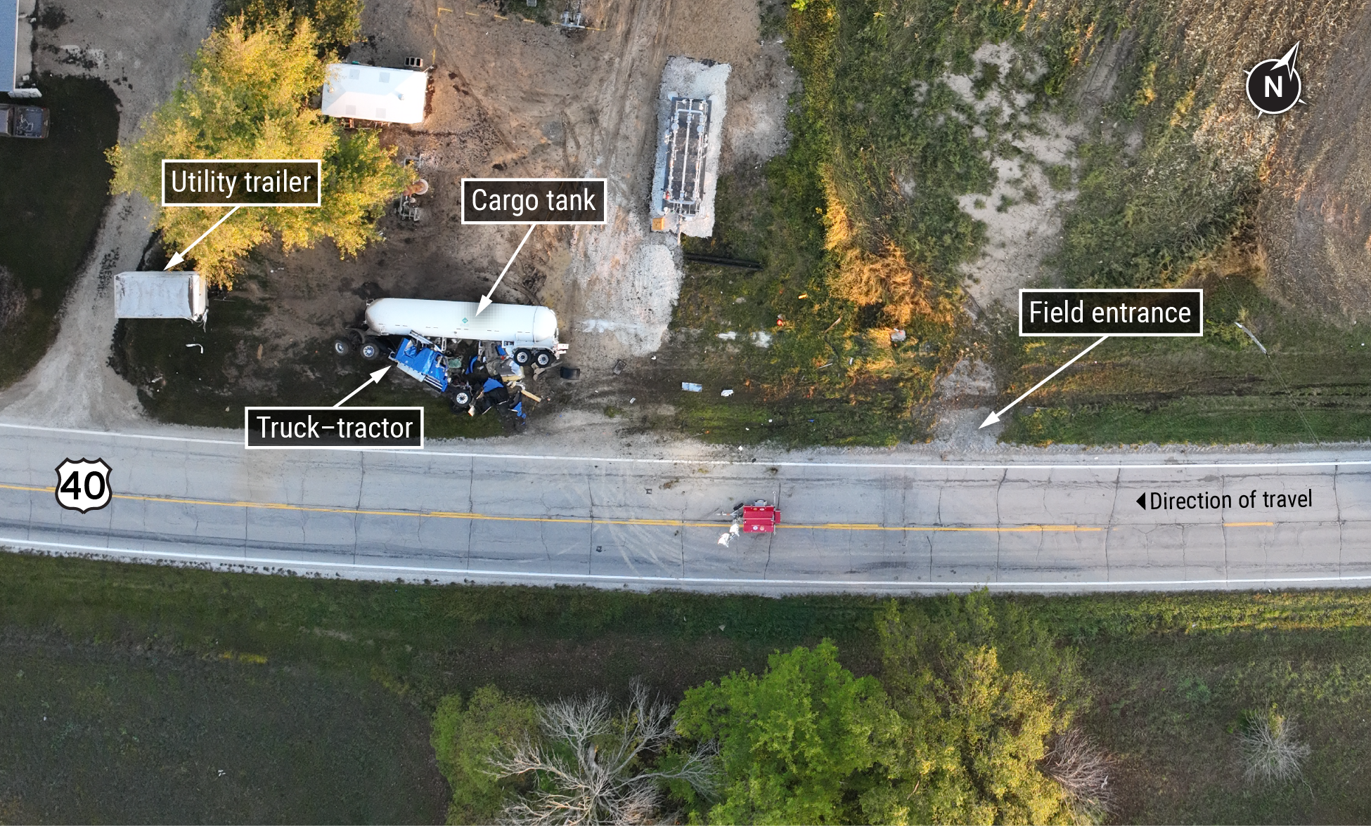 Aerial image of crash scene showing final rest positions of truck-tractor cargo tank semitrailer combination and utility trailer