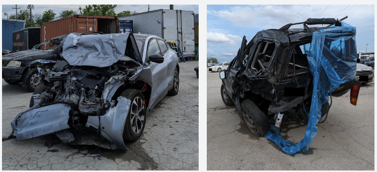Ford Mustant Mach-E with extensive front damage (left) and Honda CR-V with extensive rear damage (right)