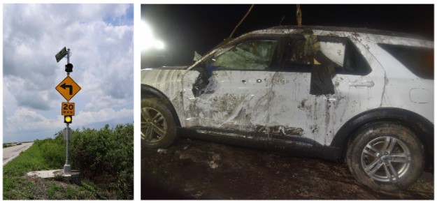 The advance warning for the turn (left) and the 2023 Ford Explorer during recovery operations (right).