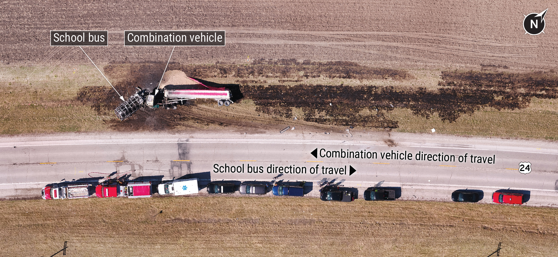 Postcrash orthomosaic aerial image of the crash scene along US-24.] 