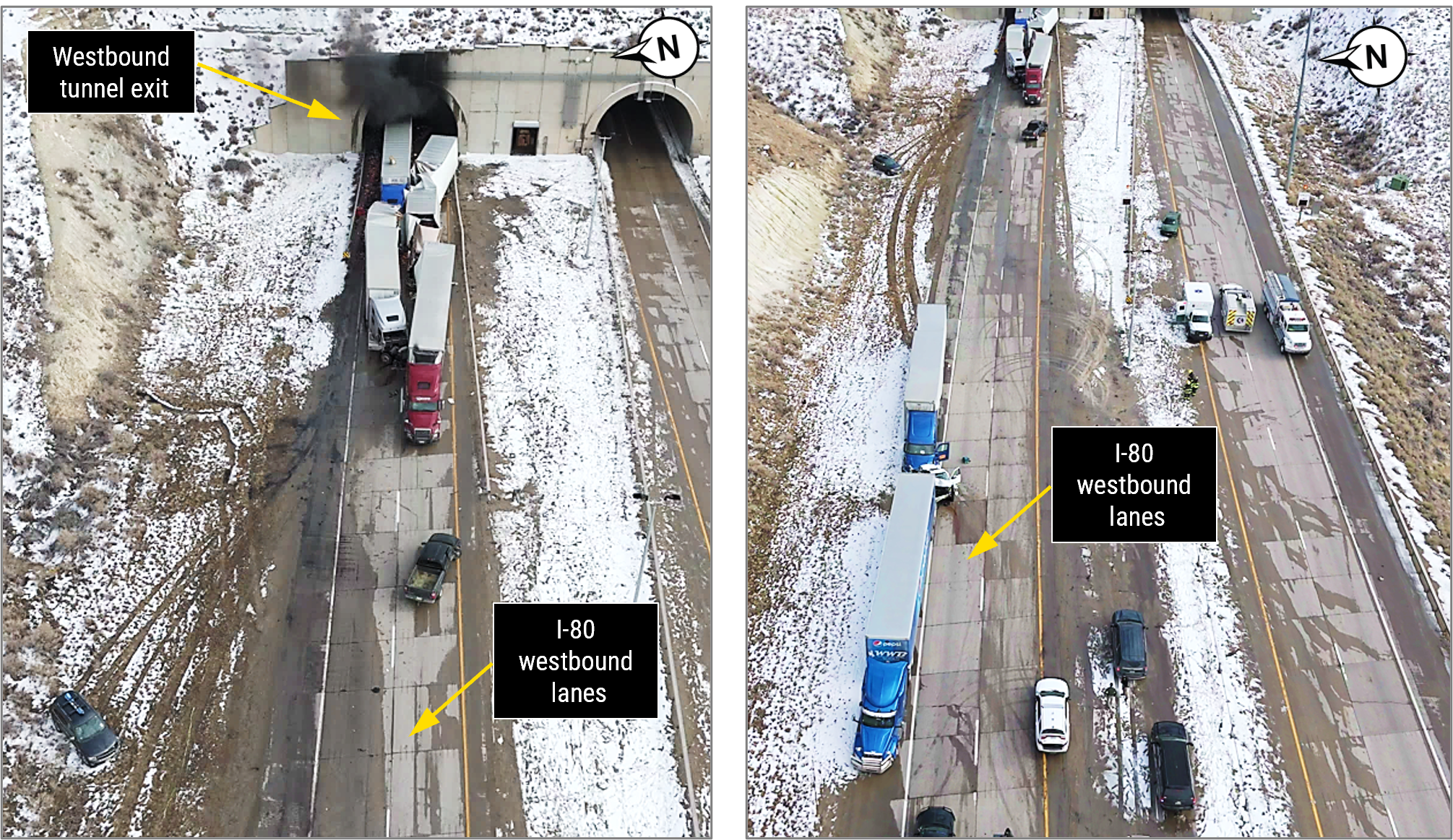 Aerial views of the crash site, showing some of the vehicles in their final rest positions. 