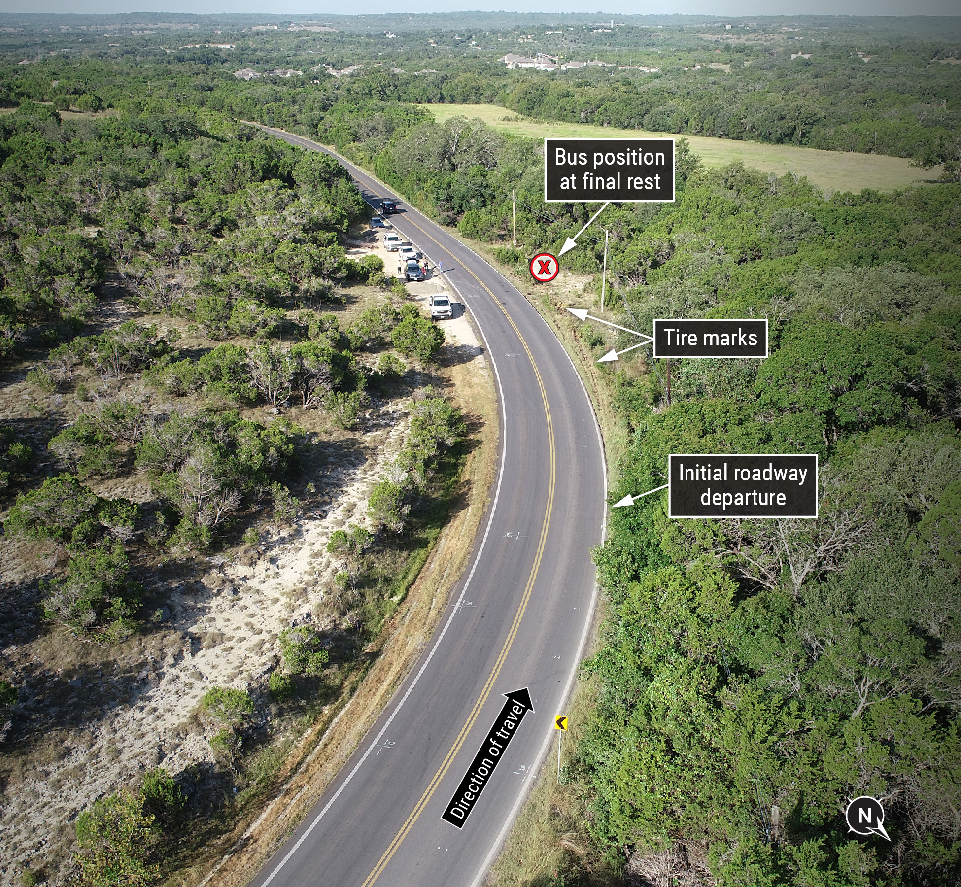 Overhead view of Nameless Road showing the locatin of the initial roadway departure