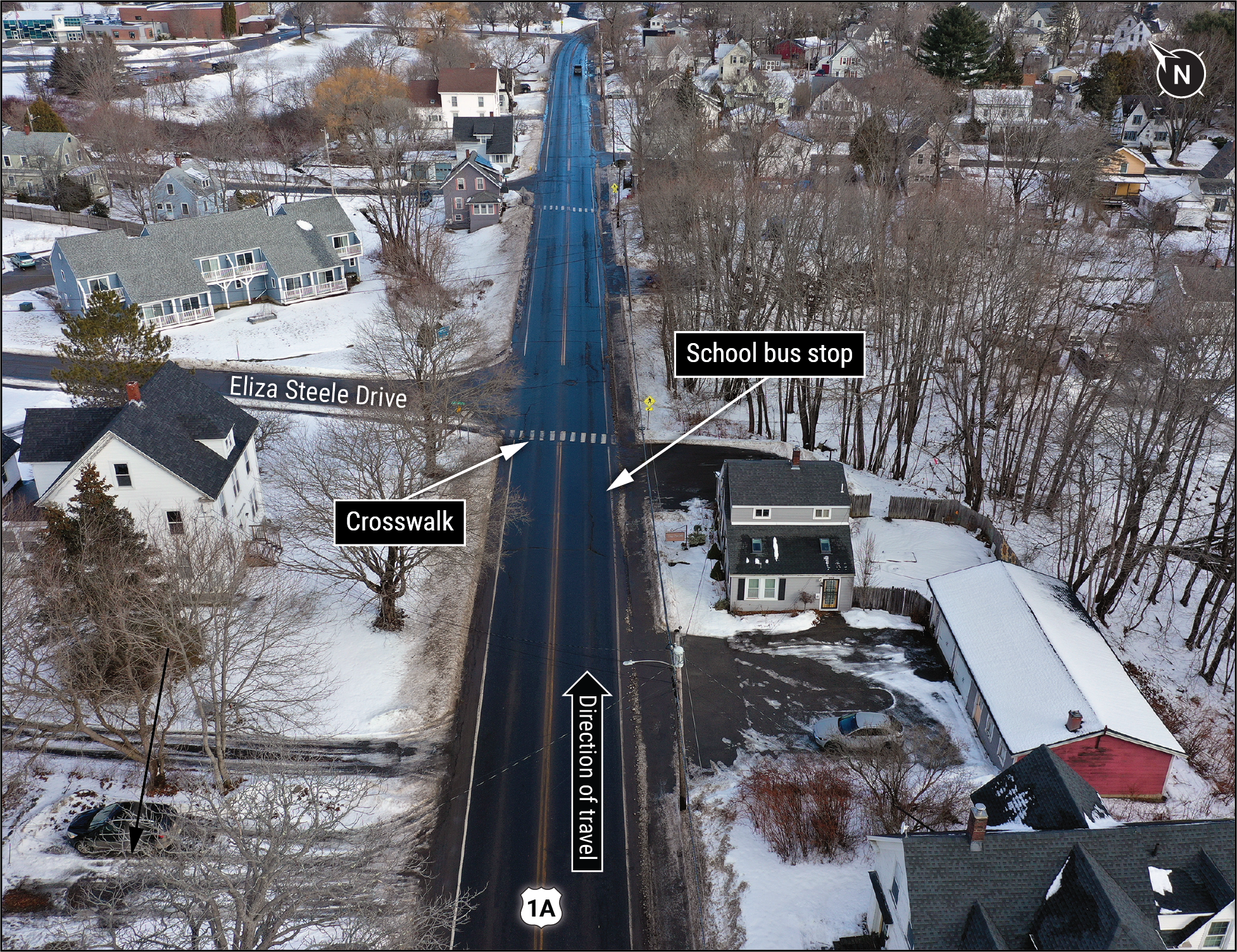 An overhead view of Route 1A showing the school bus stop and crosswalk.