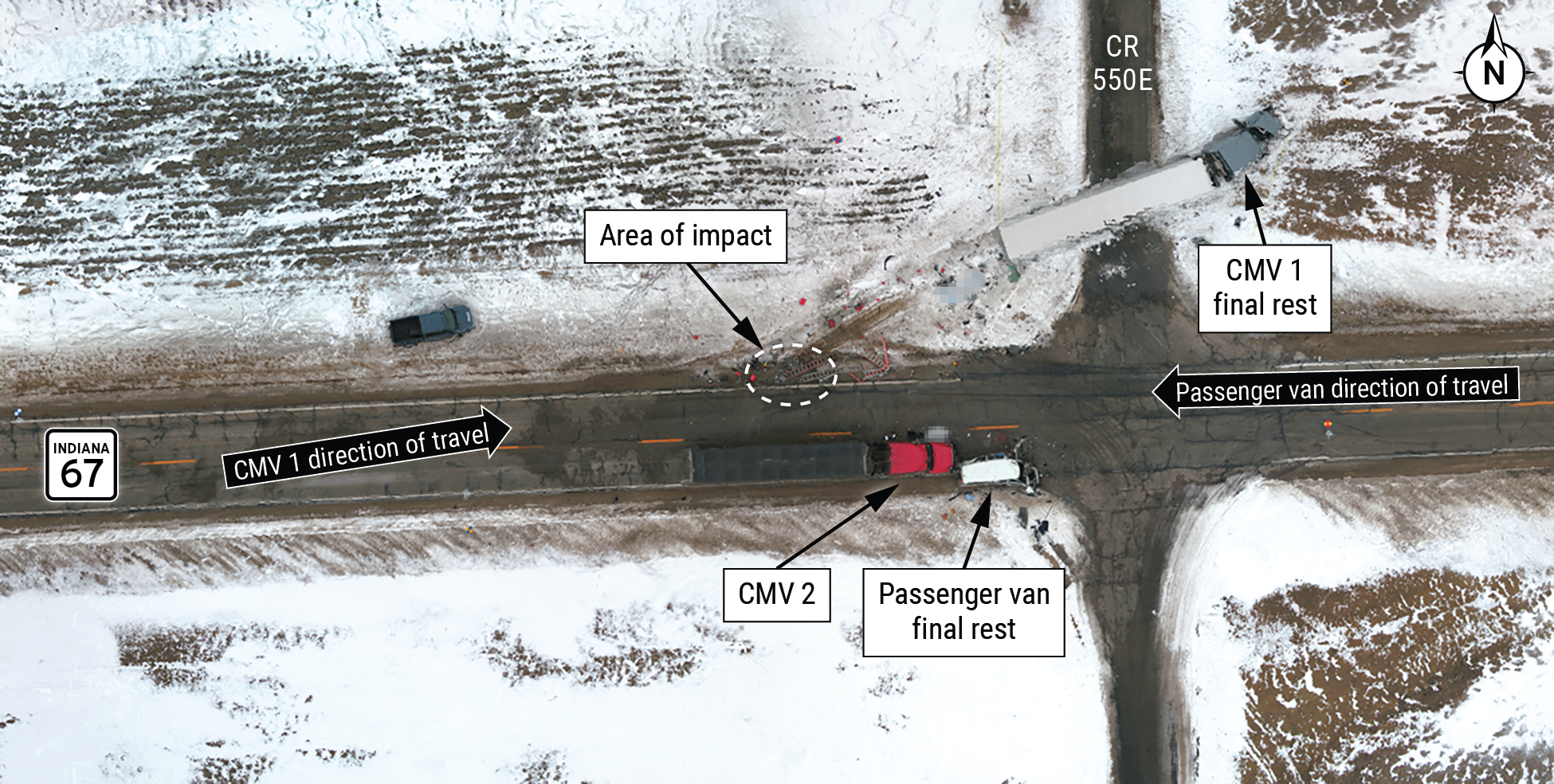 Postcrash aerial view of the crash scene. 