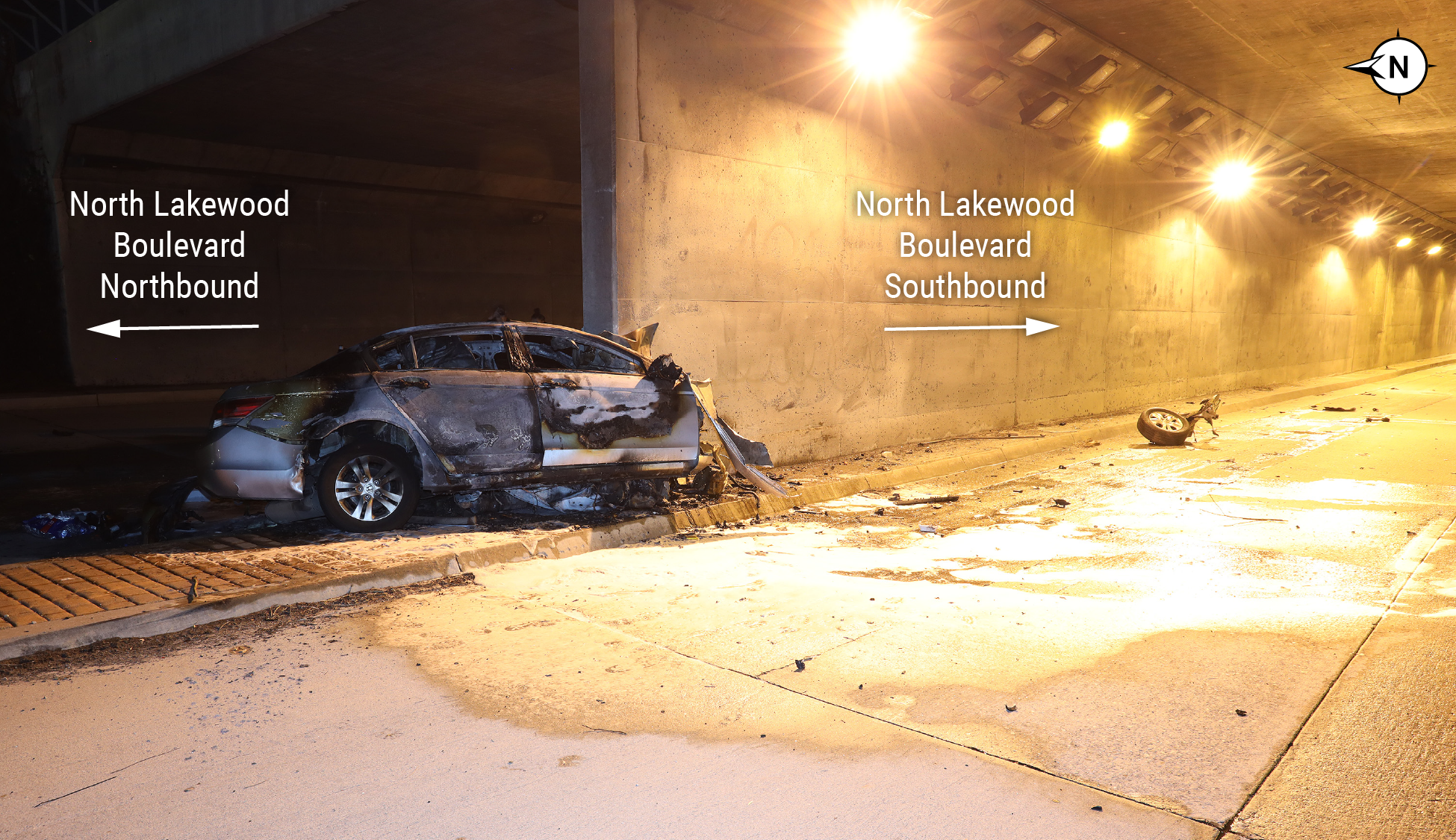he Honda Accord at final rest. (Source: Long Beach Police Department, annotated by NTSB)