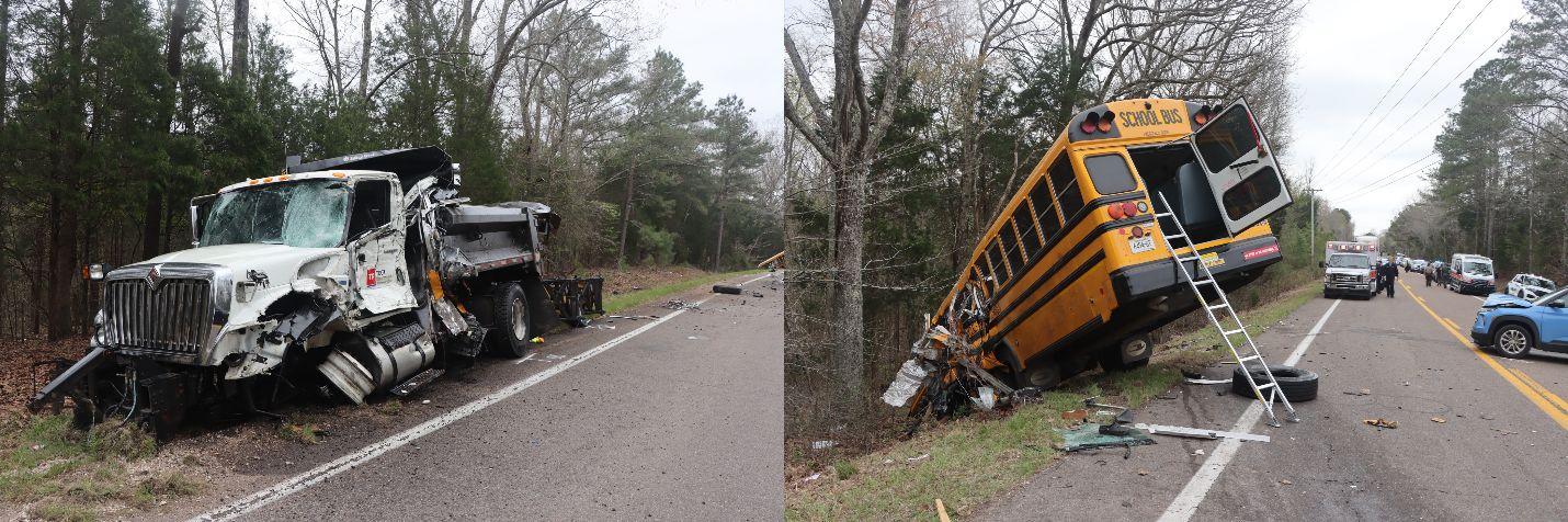 Postcrash photographs showing the left-front view of the dump truck (left) and the left-rear view of the school bus (right). The