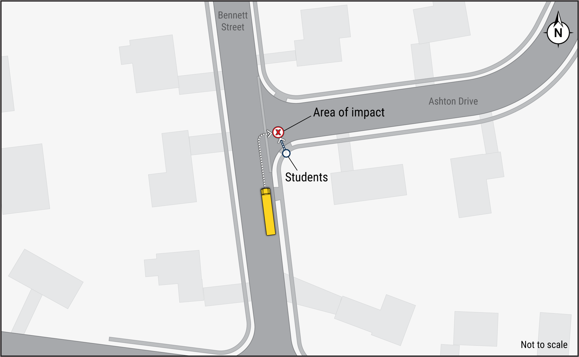 Overhead view of the crash location at Bennett Street and Ashton Drive.
