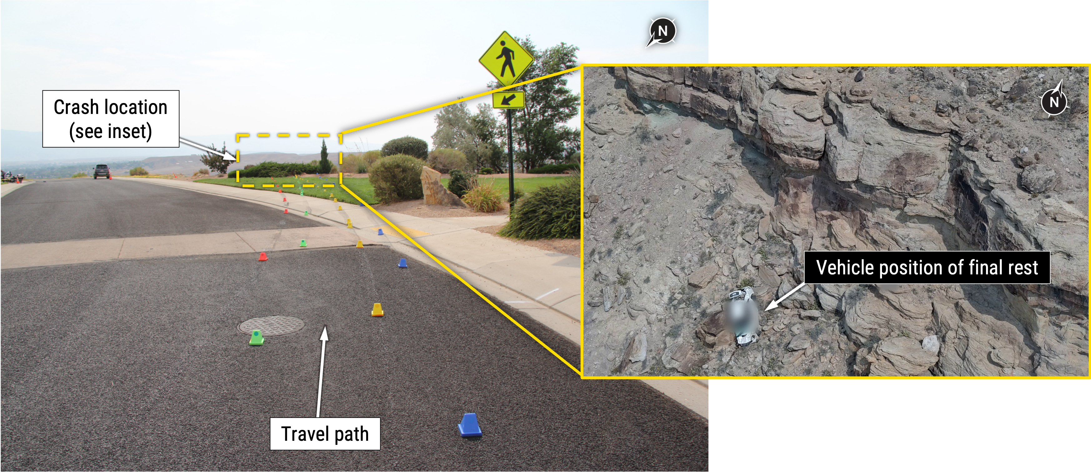 ​Photograph showing the crash location on Lookout Lane. Evidence-marking cones have been placed along the vehicle’s travel path.