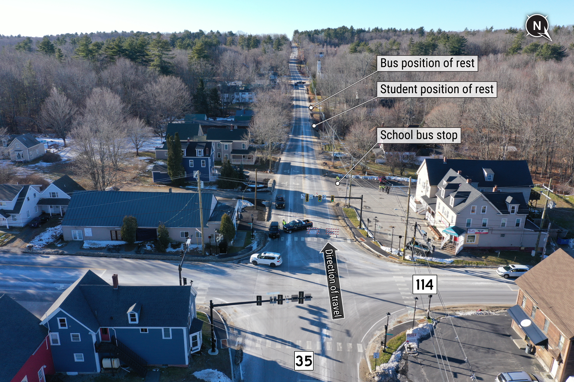 An overhead view of Route 35, showing the bus stop and the final positions of rest of the school bus and student.