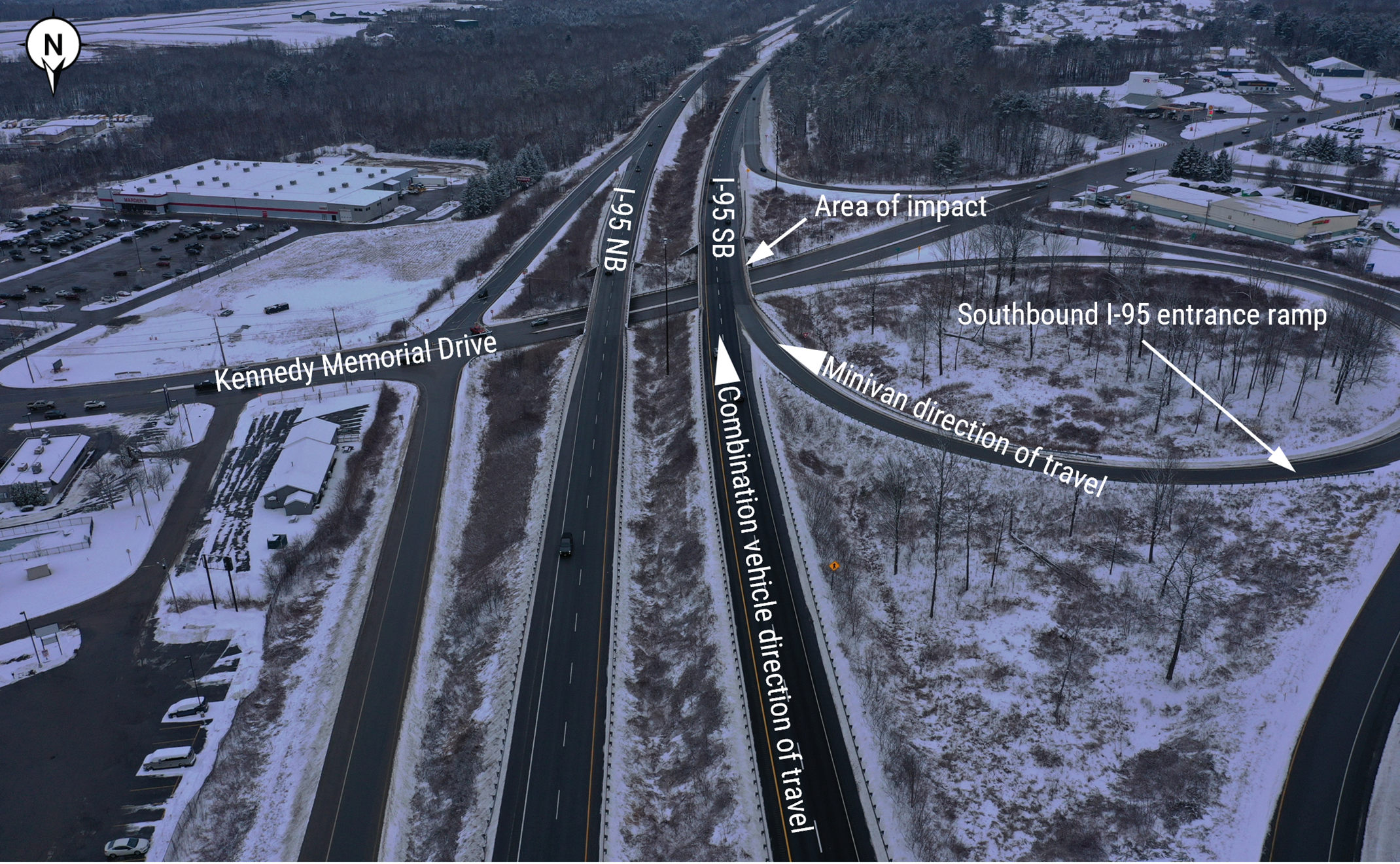 An overhead view of Interstate 95 showing the minivan’s and combination vehicle’s direction of travel and the area of impact.