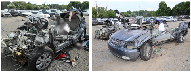 ​​Postcrash photographs of the SUV (left) and minivan (right) after occupant extrications and vehicle recoveries.