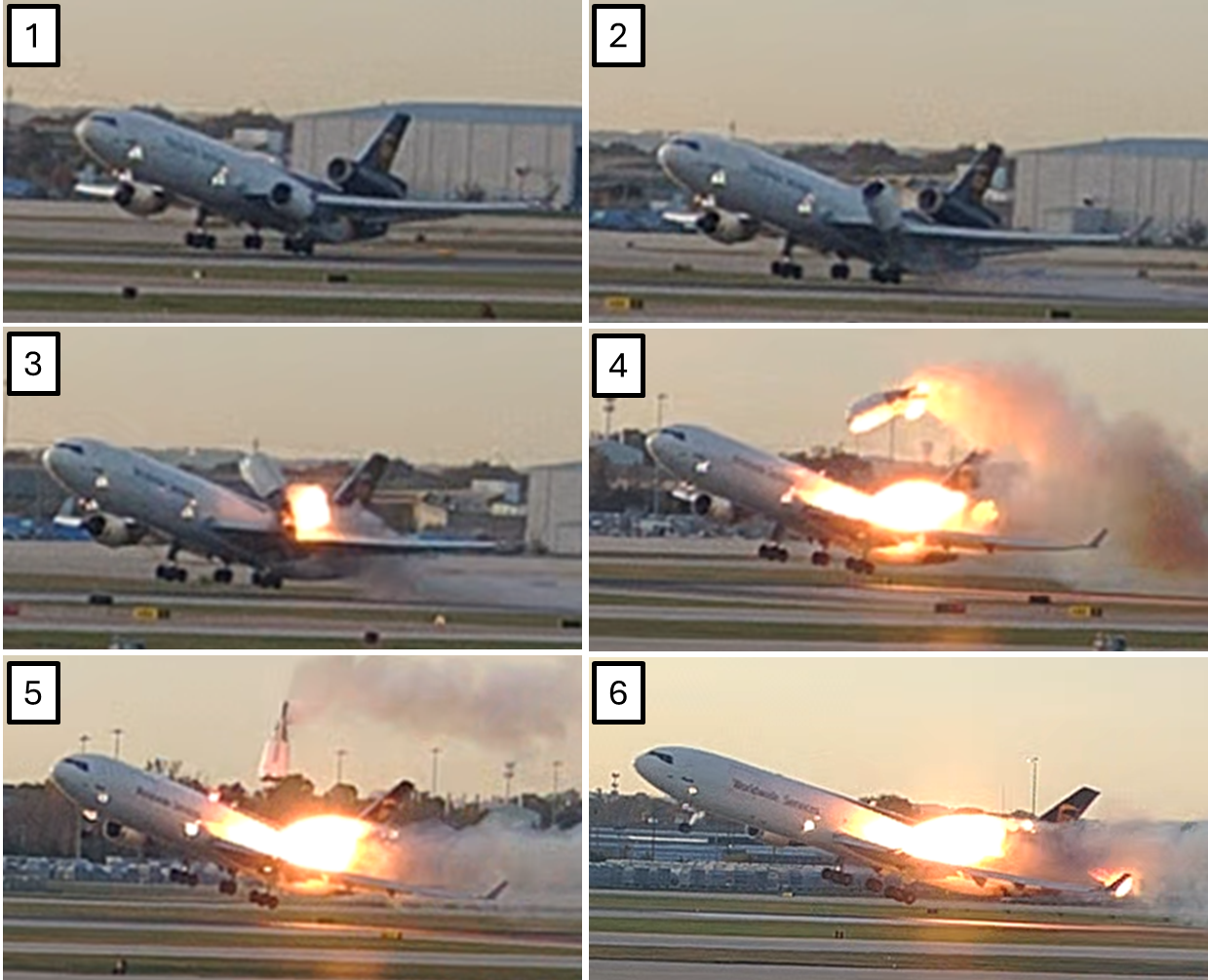  Still images from an airport surveillance video showing the left engine and left pylon  separation from the left wing. (