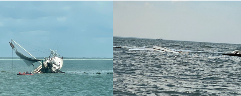 (Sage Catherine Lane following the grounding on the jetty (left), and after being broken apart on the jetty three days after the