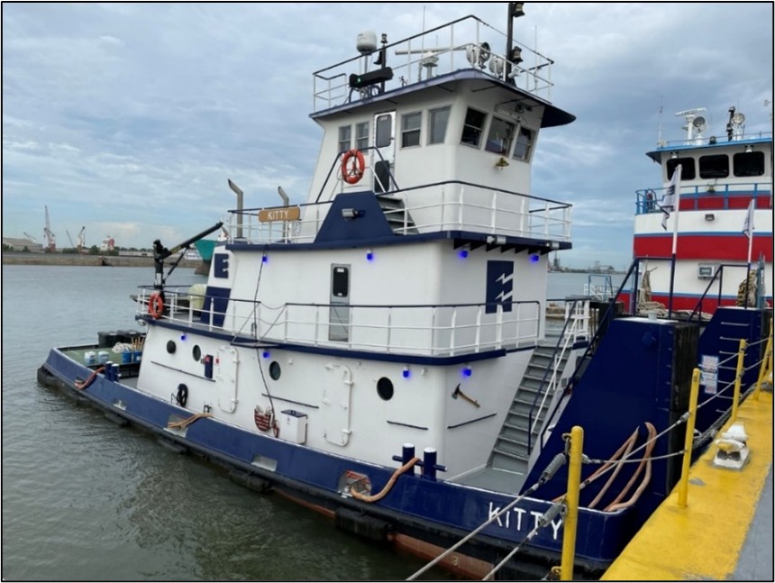 The Kitty is pictured after the contact with the Algiers Lock gate. (Source: NTSB)