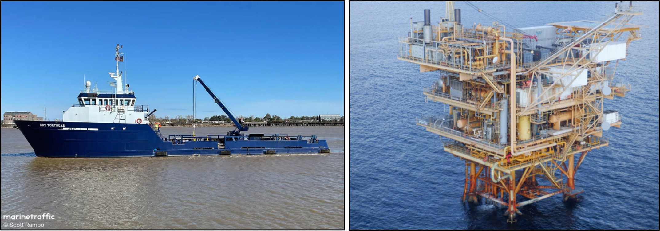 Left: The Dry Tortugas underway on January 26, 2024; Right: The Dry Tortugas after the contact.