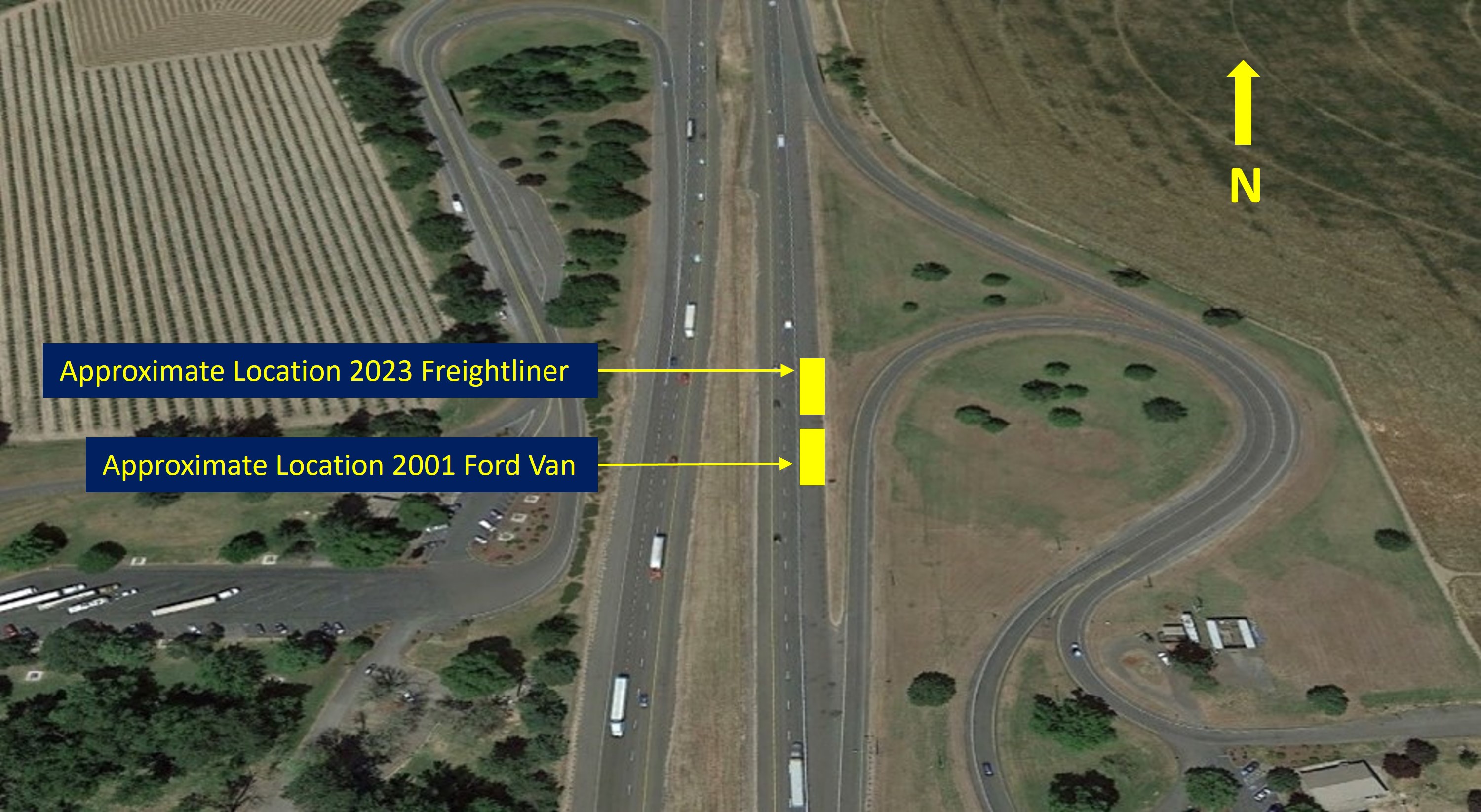 Aerial view of I-5 at the North Santiam rest area showing the approximate location of the 2023 Freightliner and the 2001 Ford va