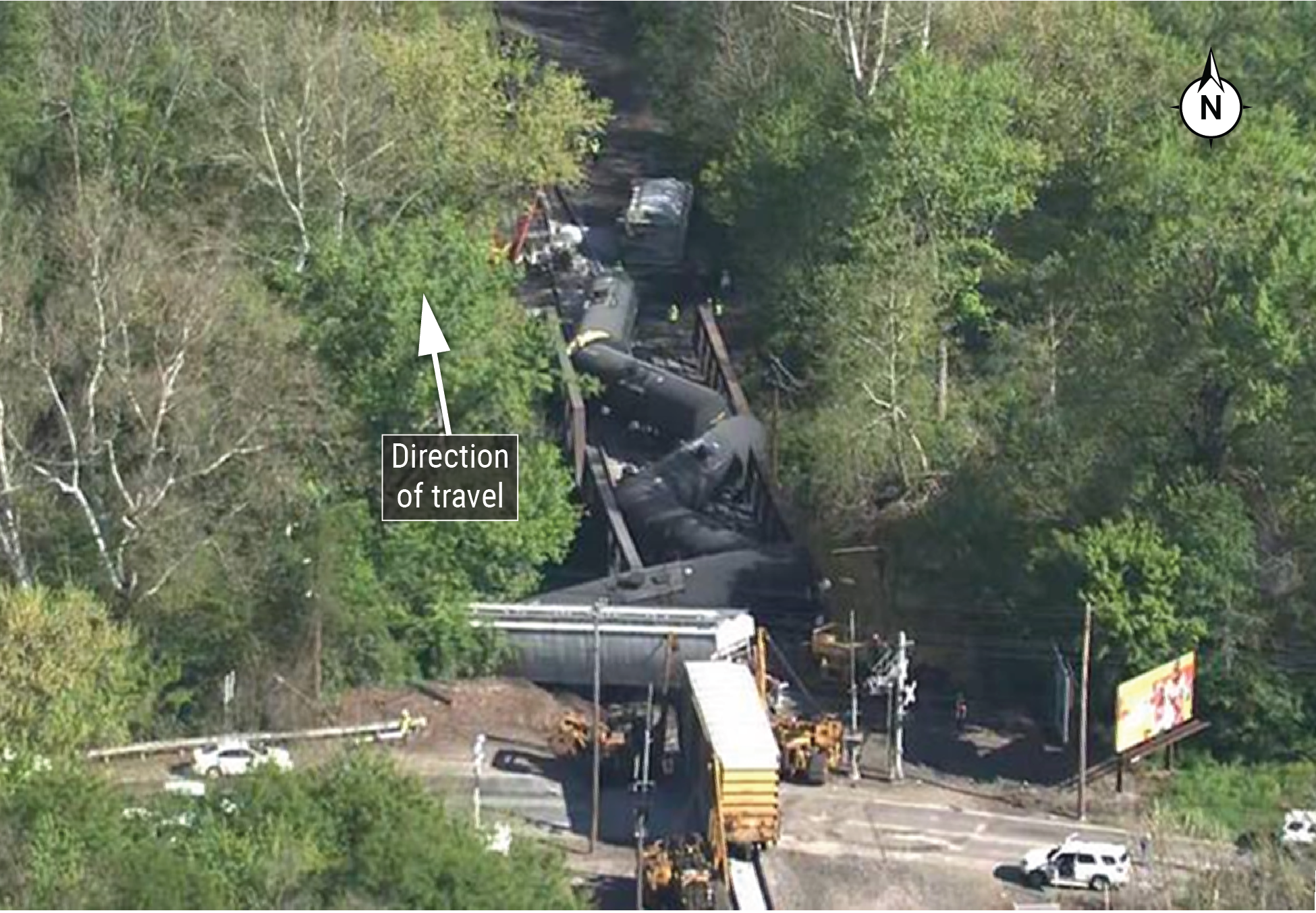Figure 1. Aerial photograph of derailment site. (Source: WPXI Pittsburgh.)