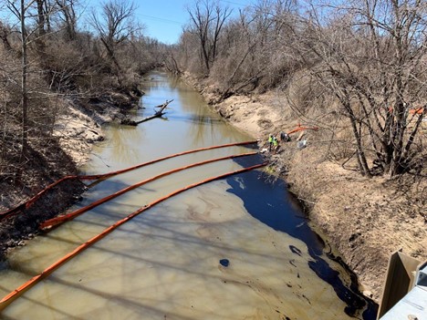 Containment booms on Cahokia Creek.