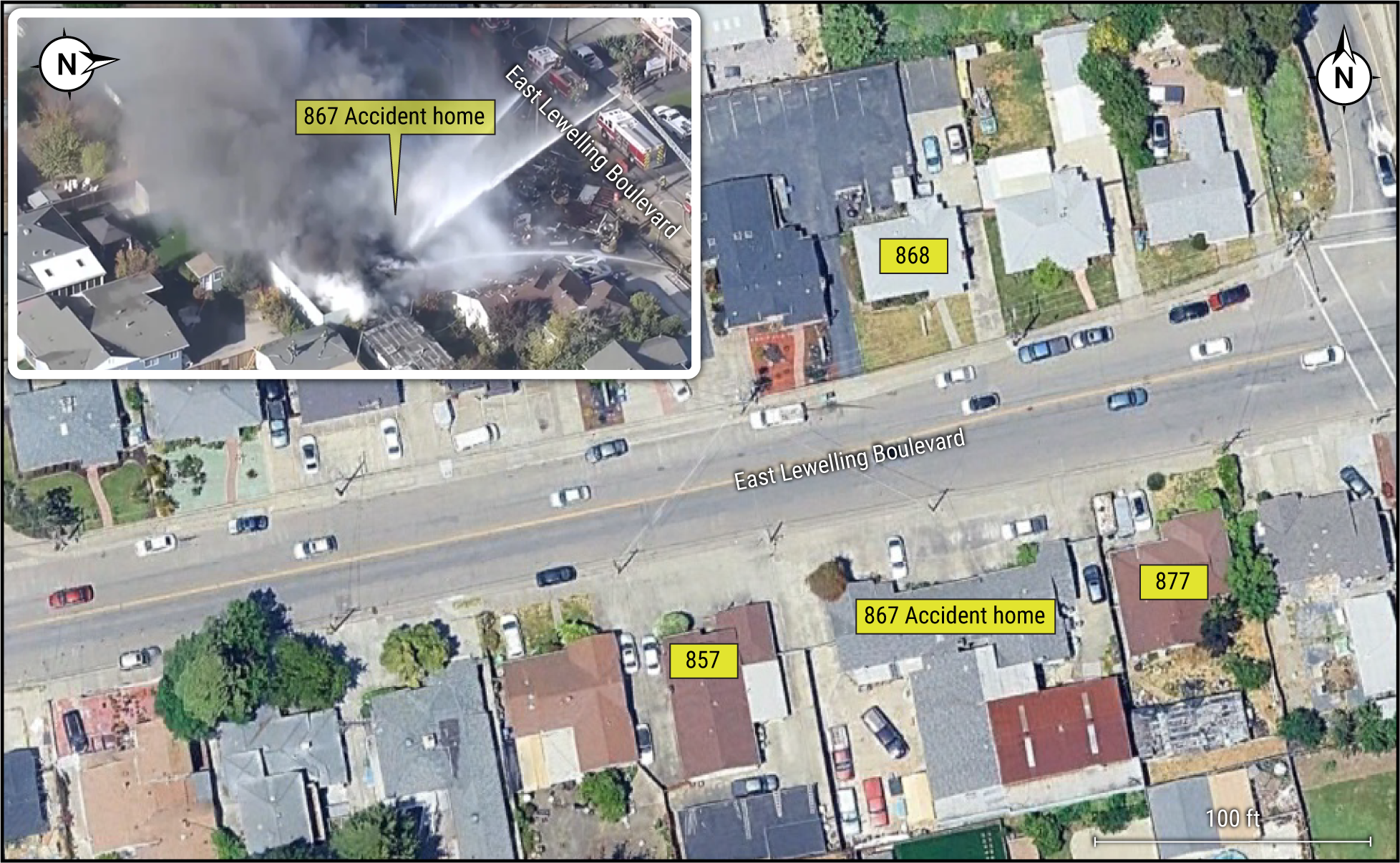 Aerial view of the accident site with an inset of the accident home after the explosion (Source Google Earth and the Alameda Cou