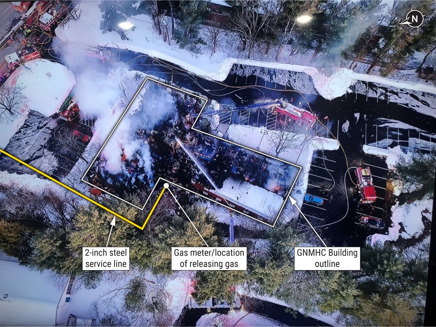 Overhead image of firefighting efforts at the exploded building. 