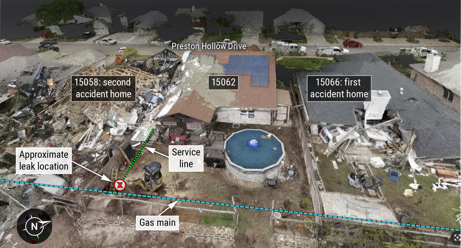 aerial view of the accident site after the two explosions and fires.