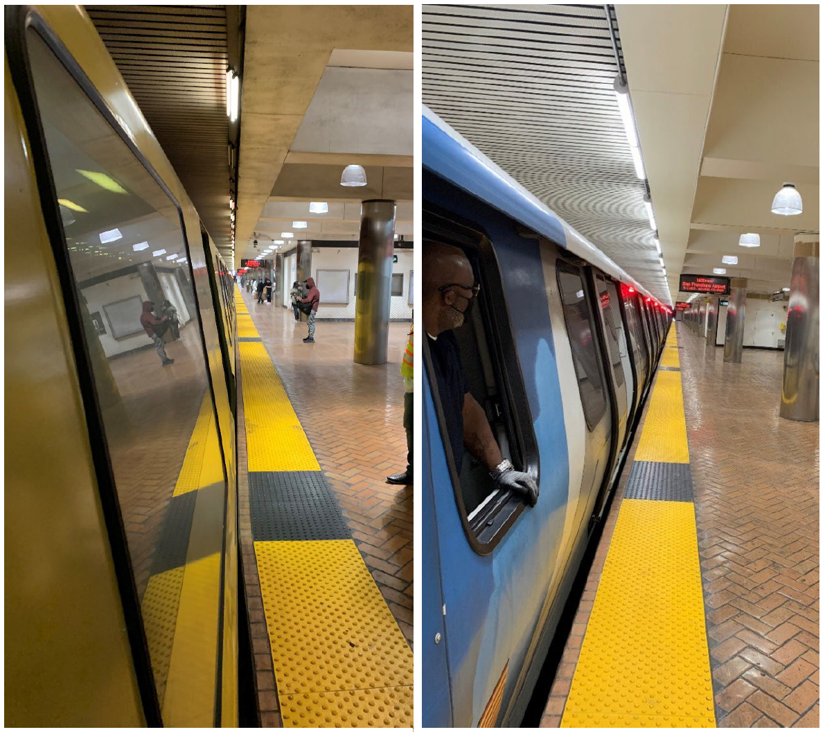 Powell St. Station platform before and after  completion of lighting improvements