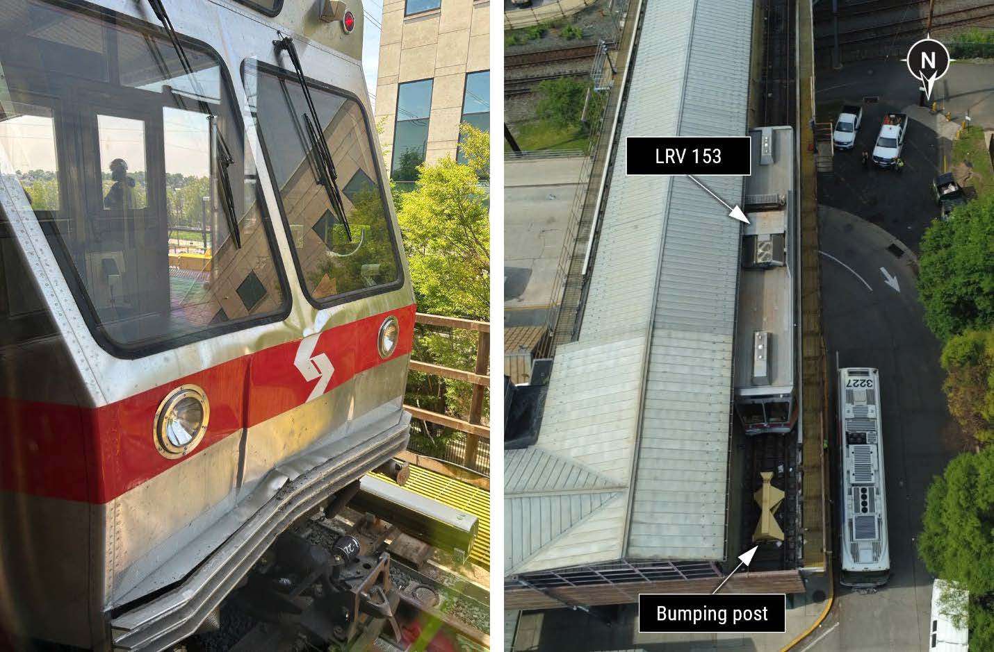 Damaged end of LRV 153 (left) and aerial view of accident scene (right).