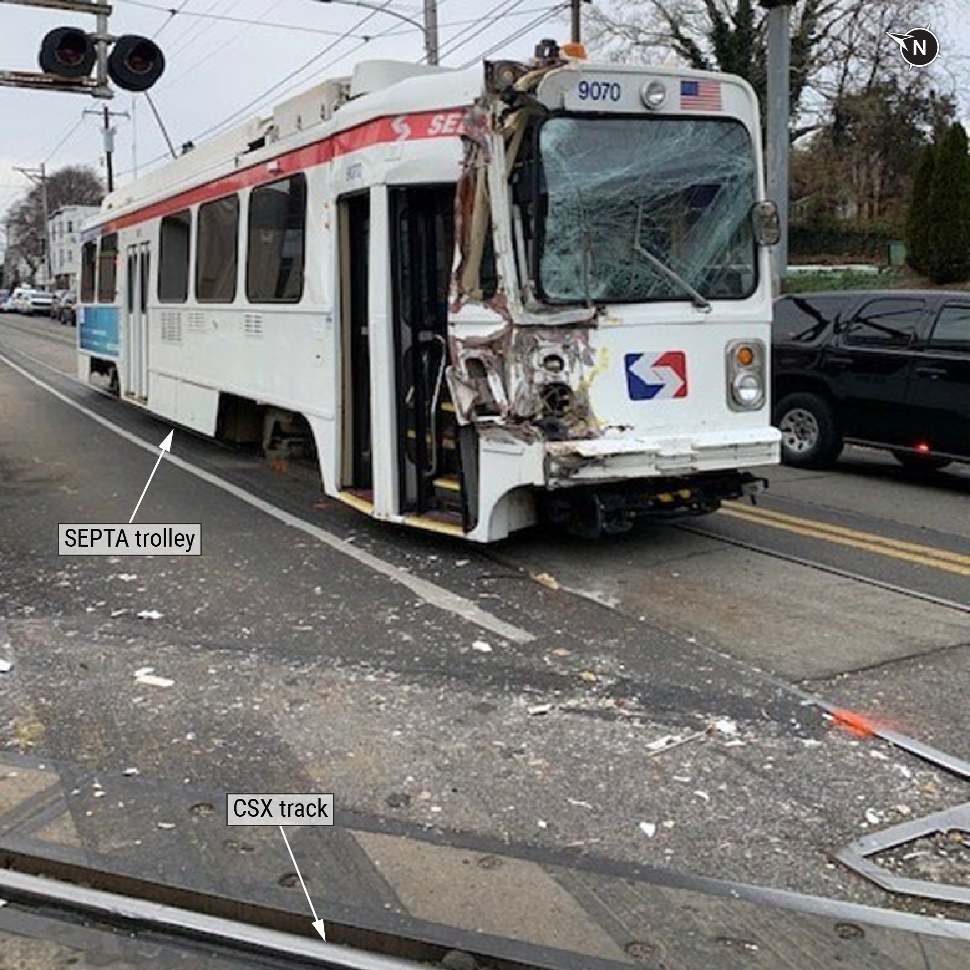 Damaged trolley and CSX track