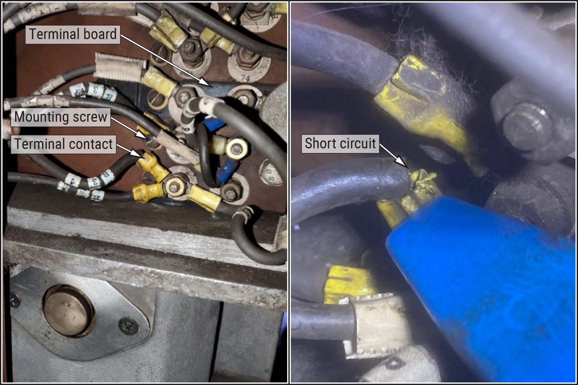 View (left) and close-up (right) of the short circuit.