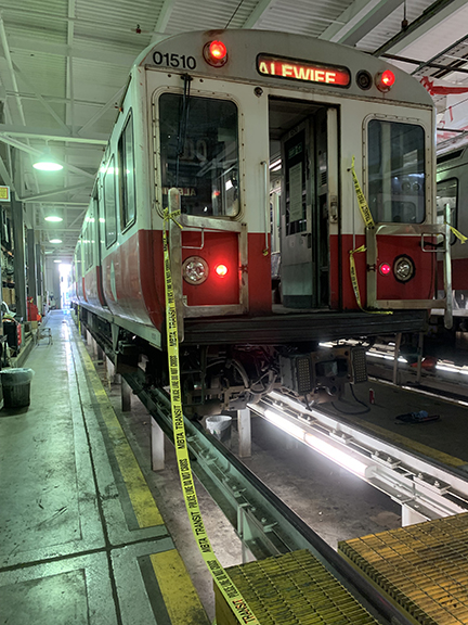Photo of Red line train during postaccident examination and testing.