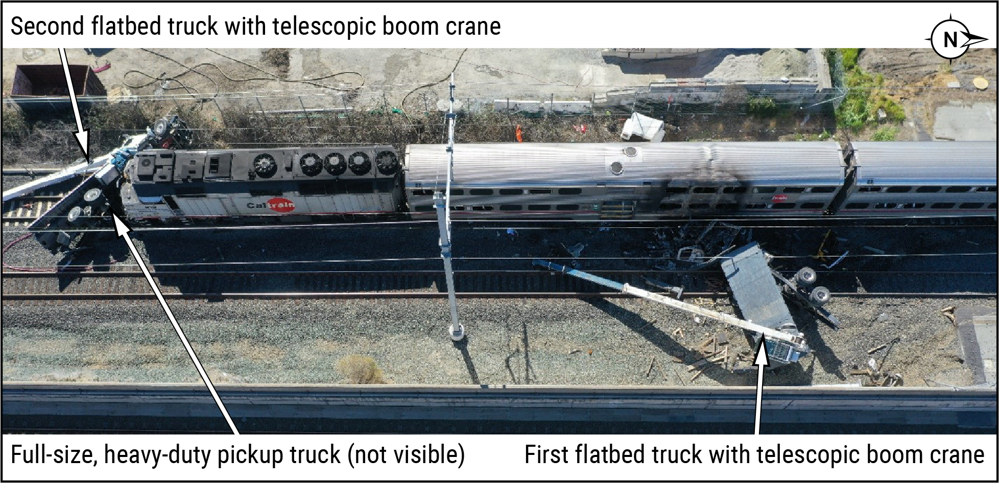 An overhead photograph of the front end of Caltrain Train 506.  The first passenger railcar shows fire damage. 
