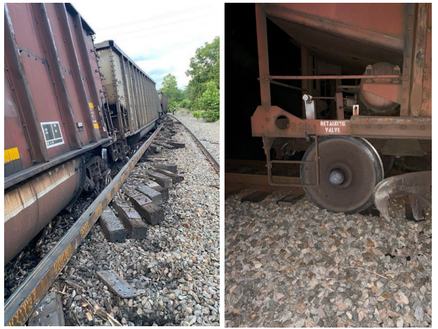 ​​​Figure. Derailed gondola cars (left) and a wheelset with a burned-off bearing (right).  (Sources: NS (left); Federal Railroad