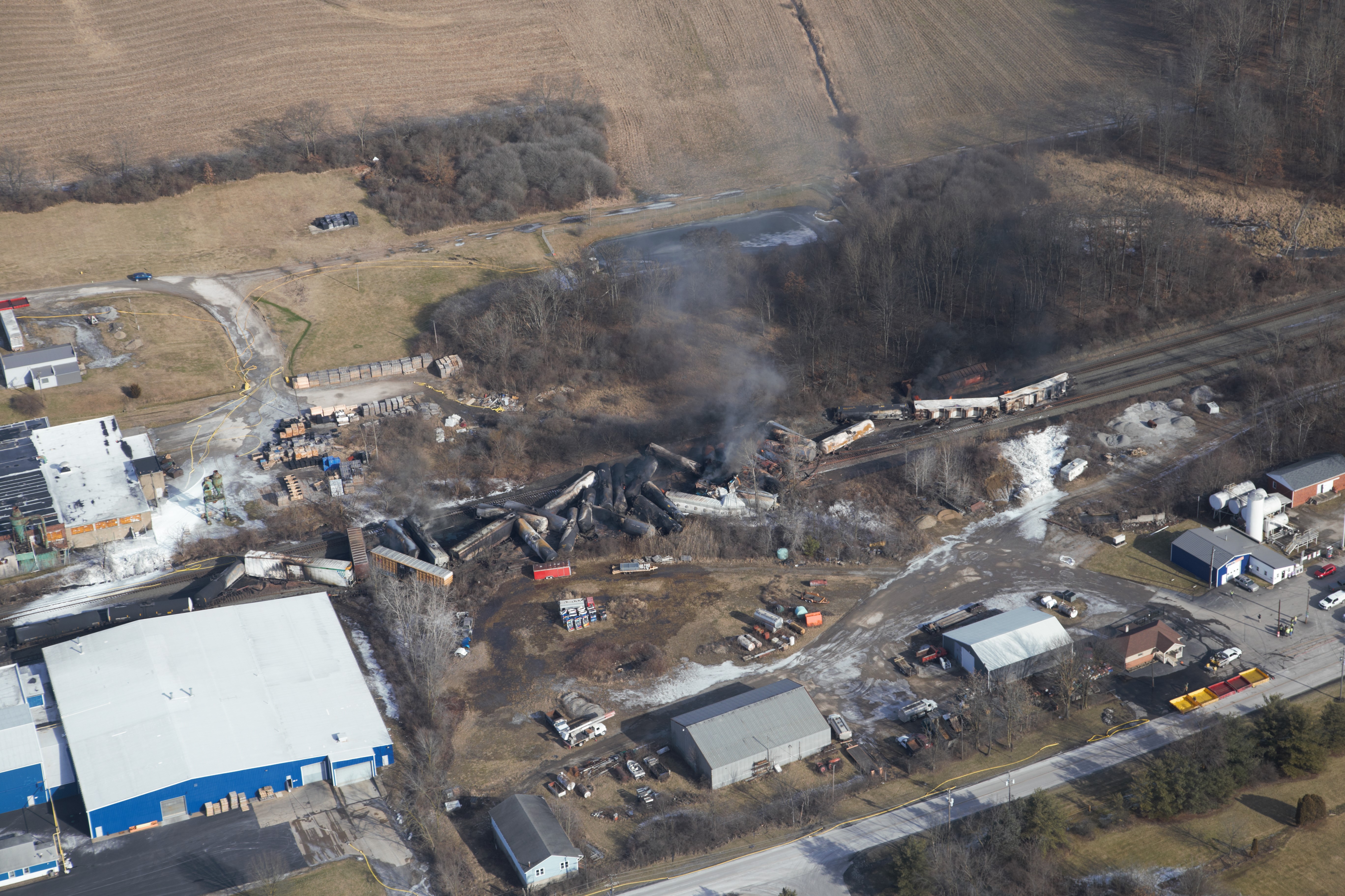 An aerial photo view of the Norfolk Southern freight train derailment in East Palestine, Ohio captured on Feb. 5. 