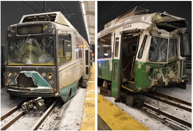 Striking train 3840-3698 (left) and struck train 3851-3663 (right) shown after impact. 