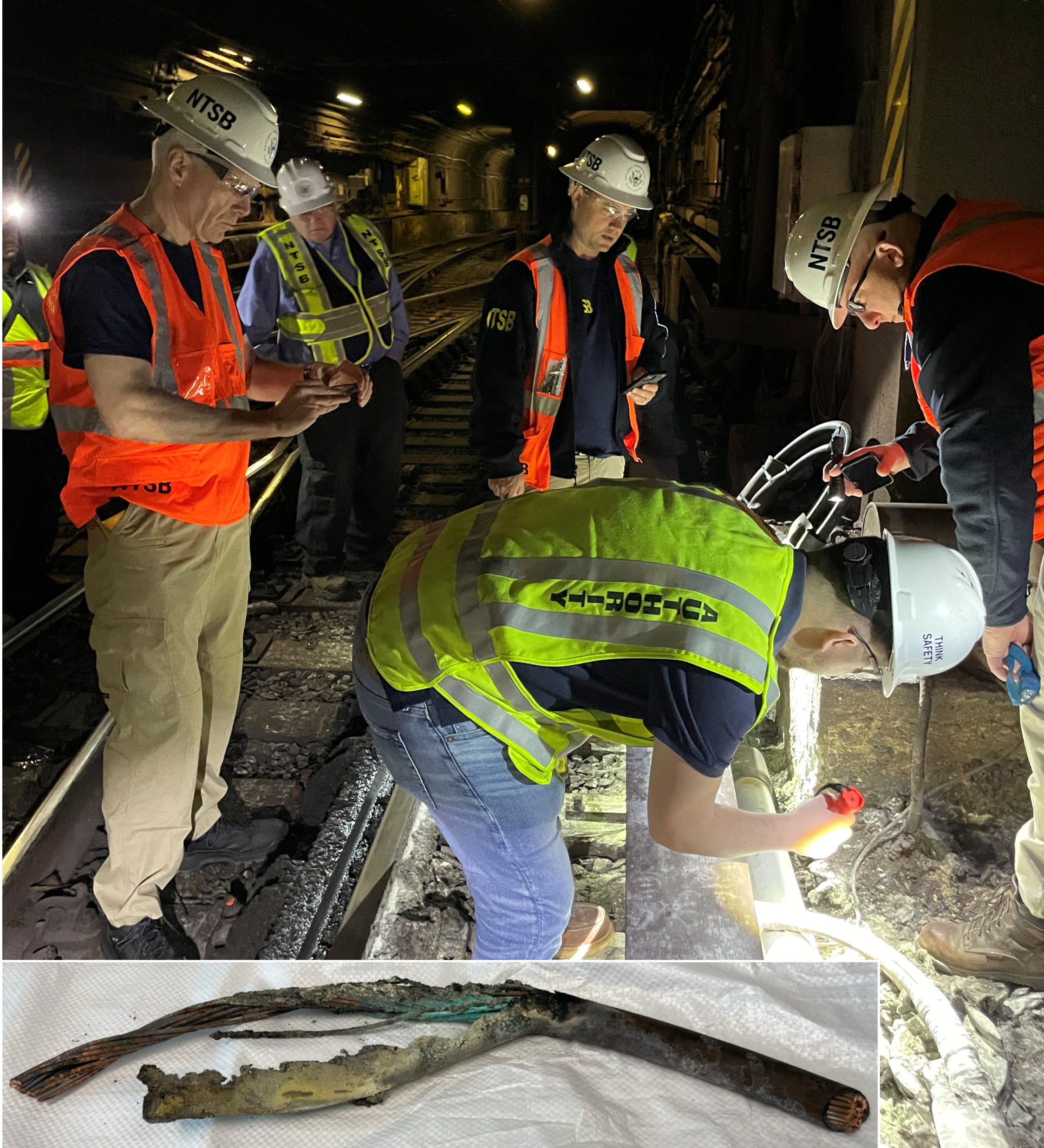 postaccident examination of accident location and damaged third rail feeder cable (inset)