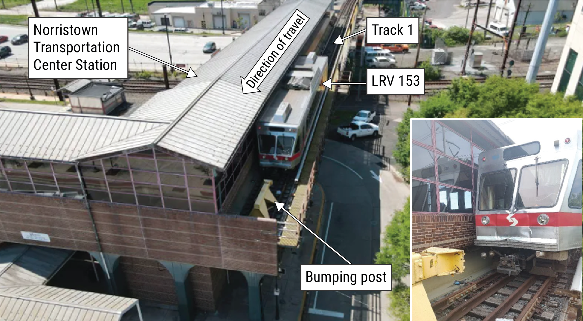Overhead view of the accident site and a close-up view of LRV 153 after the accident