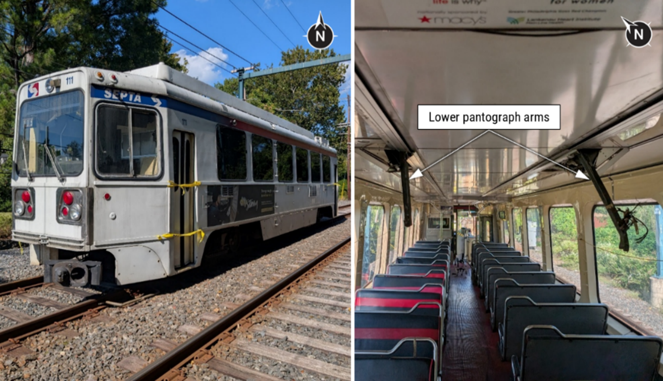Figure. (Left) Trolley 111 postaccident. (Right) Passenger compartment of Trolley 111. (Source: NTSB.)