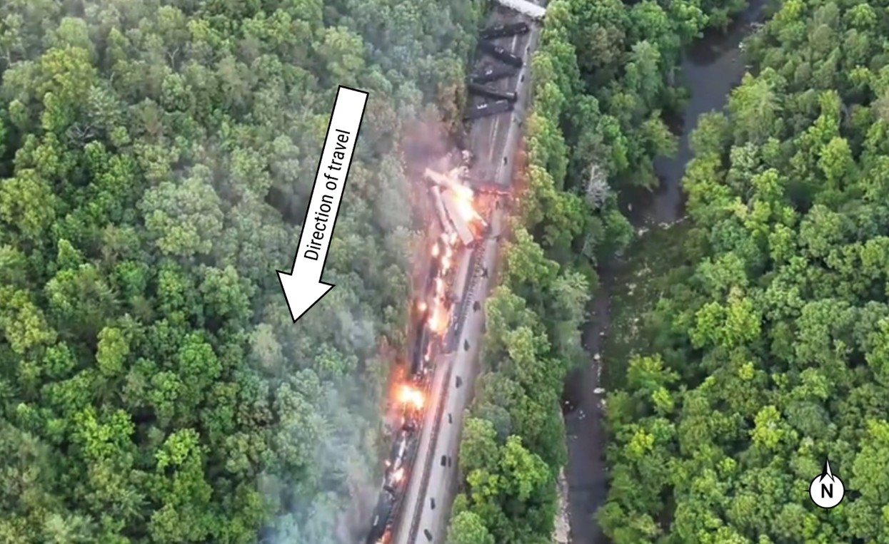 Overhead photograph of derailment scene. 