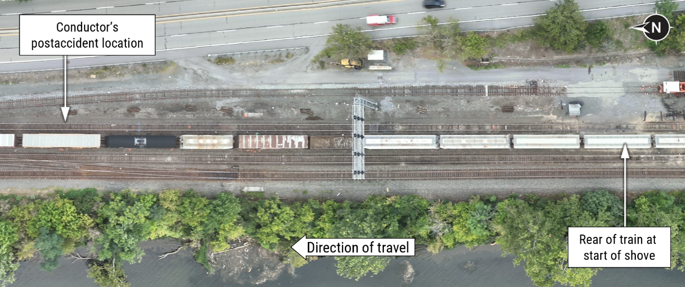 Postaccident composite aerial photograph of the accident area at Conway Yard. 