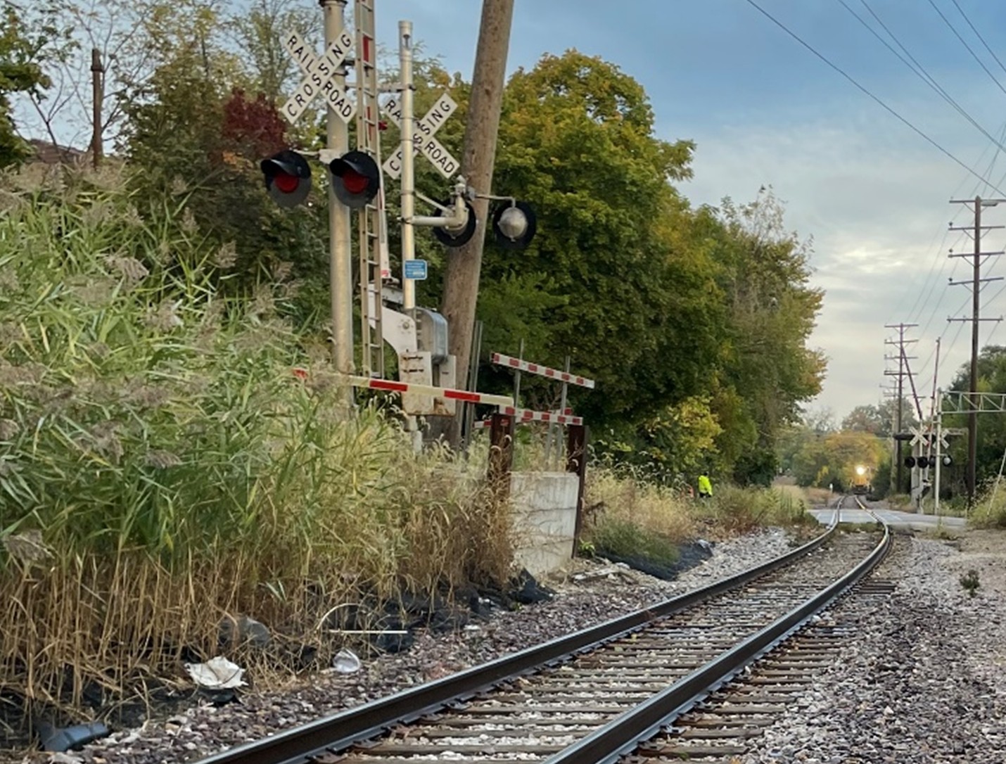 Northbound facing view of the highway-railroad grade crossing