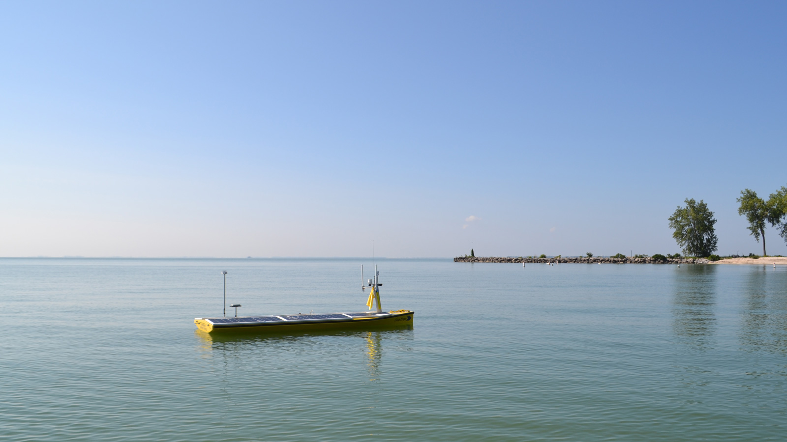 The NOAA uncrewed surface vessel on Lake Erie in 2023.