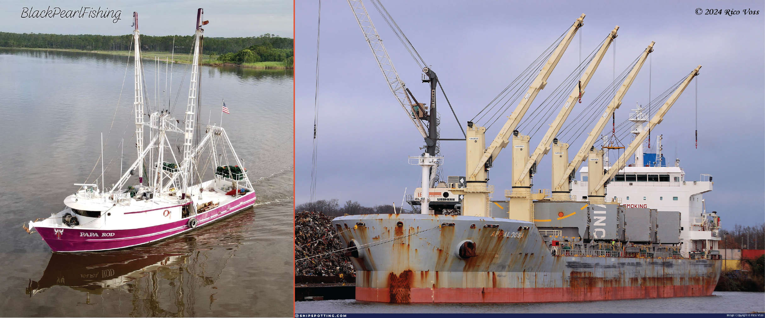 The fishing vessel Papa Rod (left) and bulk carrier Appaloosa (right) before the accident.