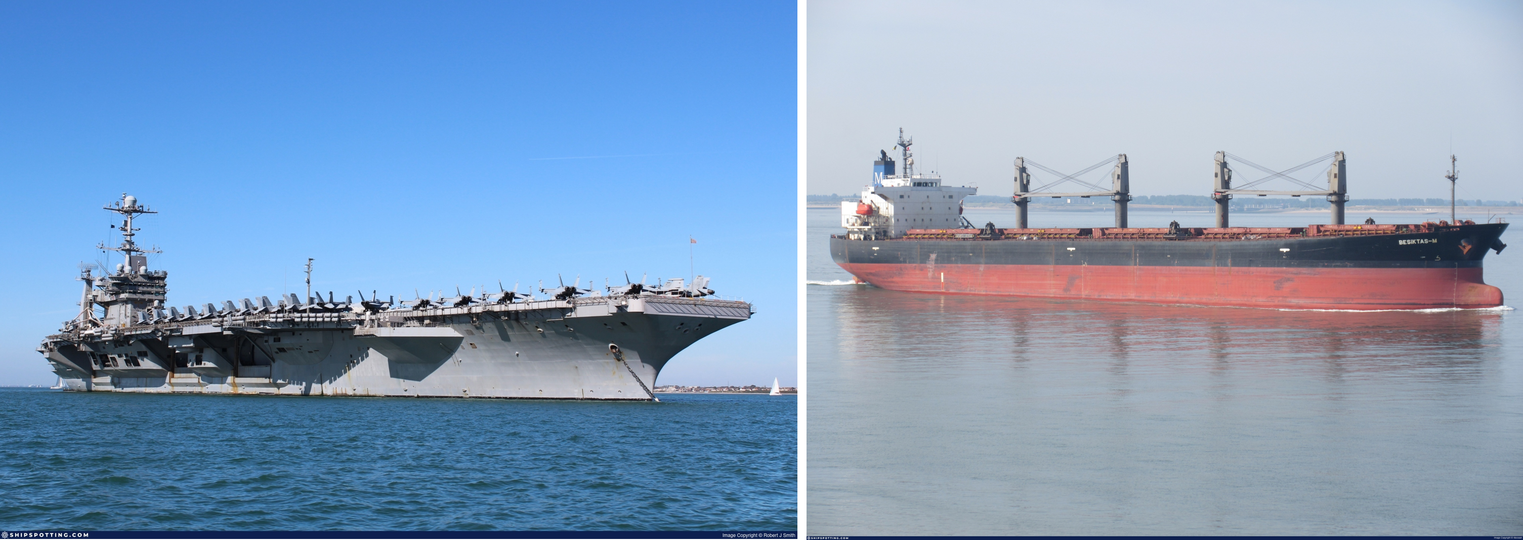 Two photos Left to right: The USS Harry S. Truman in 2018, and the Besiktas-M in 2023. 