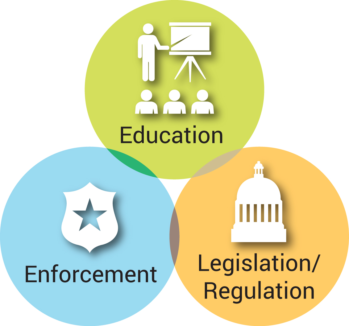 graphic depicting the three-pronged approach that includes strict laws, proper education, and effective enforcement.