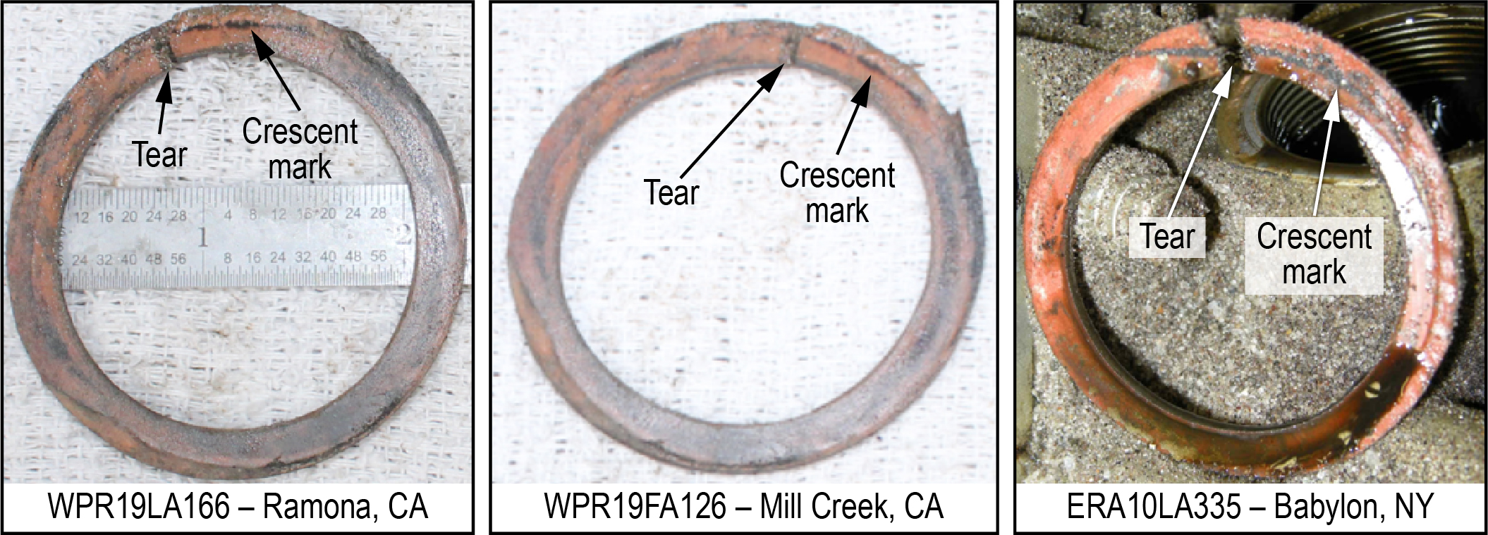 These photos show the torn gaskets from three airplanes that lost engine power following oil leaks.