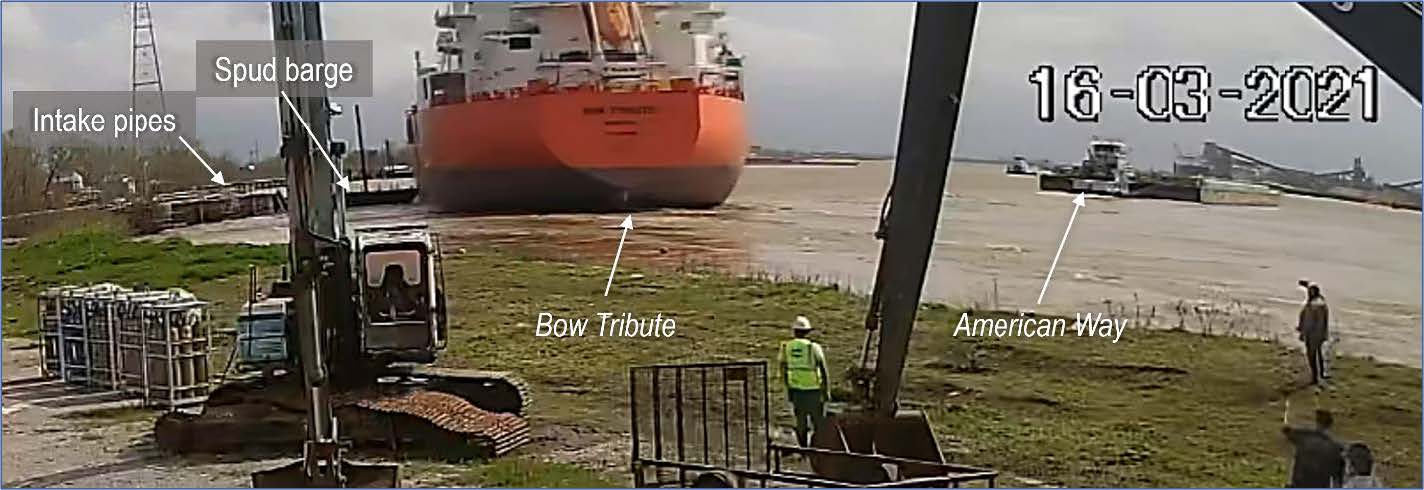 CCTV footage looking downriver showing the Bow Tribute when it struck the spud barge protecting the New River water intake pipes