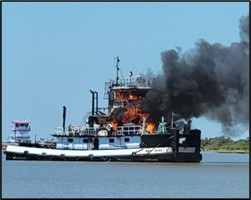 The fire aboard the Mary Dupre minutes after crewmembers abandoned the vessel. (Source: U.S. Coast Guard)
